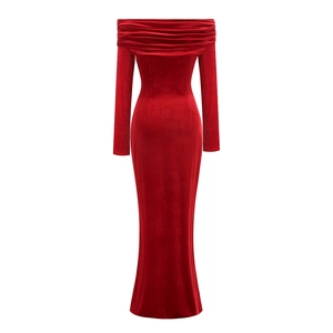 Detail of the off-shoulder neckline and pleated velvet texture on the burgundy evening dress