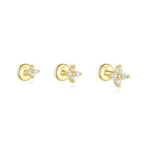 Three sizes of gold S925 sterling silver four-petal flower stud earrings with white zircon