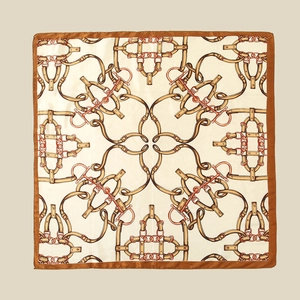 Silk-like square scarf with horsebit chain pattern in beige and brown tones
