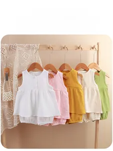 Detail of baby summer gauze sets in five soft colors with ruffled sleeveless tops