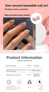 Detail view of 24pcs pink star press-on nails with ABS material specs and sizing chart