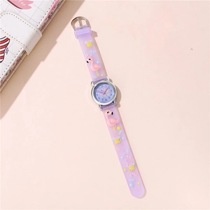 Close-up of cute purple flamingo pattern on dial and strap of kids quartz watch