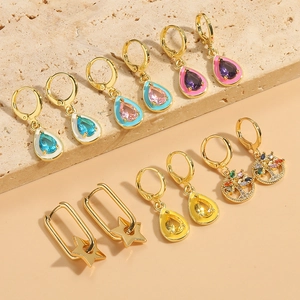 French Vintage Copper Zirconia Teardrop Dangle Earrings For Women Gold Plated Star Tree Of Life Enamel Elegant Jewelry