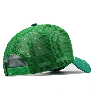 Close-up of green mesh trucker hat showing adjustable snapback closure and stitching