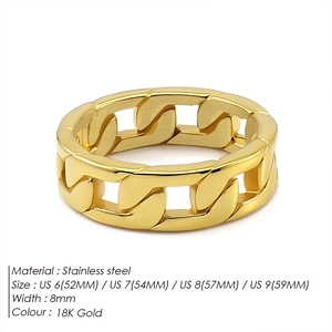 8mm wide 18K gold-plated stainless steel hollow braided Cuban chain ring for women