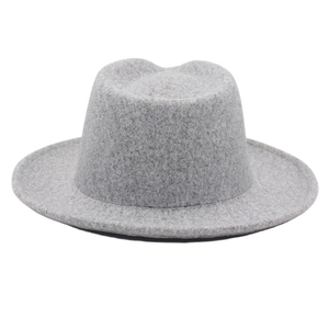 Detailed view of the classic gray wool felt fedora hat featuring a stylish curled brim design