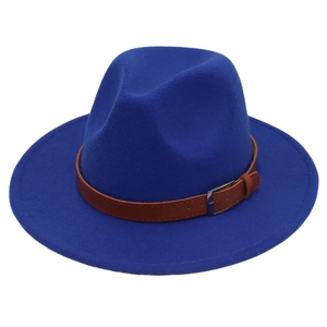 Detail of bright blue fedora hat featuring a brown leather band and metal pin buckle clasp