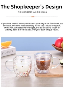 Detail view of double walled glass mugs featuring colorful sequins and insulated handles