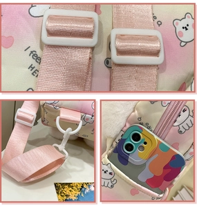 Detail showing the adjustable plastic buckle and side pocket on pink rabbit backpack