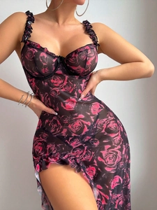 Detail of high-slit floral mesh teddy set with rose print and ruffled lace edges