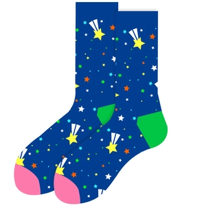 Detail of dark blue crew socks featuring colorful starry sky patterns and contrast heels