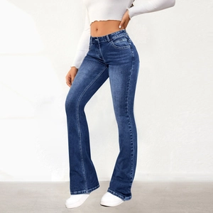Vintage dark blue high waisted flare jeans for women with slim fit denim design