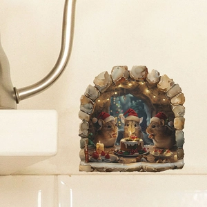 Sticker mural 3D souris de Noël avec souris mignonnes et gâteau pour décor de fête