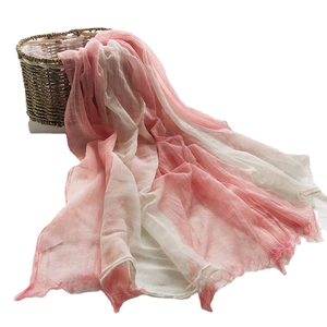 Lightweight pink gradient cotton linen scarf for women with soft fringed edges