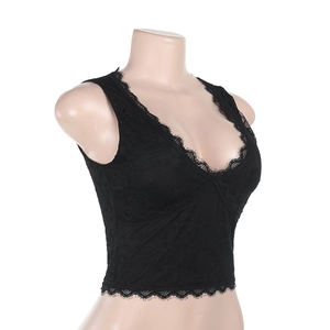 Detail of black eyelash lace trim on a V-neck cropped camisole top side view