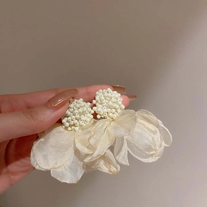 Detailed macro view of white mesh flower earrings with intricate beadwork for women