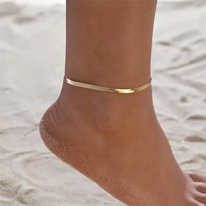 Anklet 18K Gold Plated Stainless Steel Flat Herringbone Snake Bone Chain Minimalist Beach Foot Jewelry Women