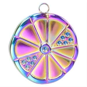 Detailed close-up of rainbow citrus slice pendant with sparkling blue crystal accents
