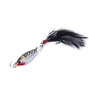 Macro detail of bionic fishing lure with silver scales, red eyes, and feathered treble hook