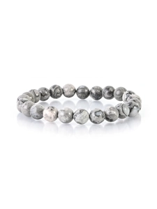 Detailed view of map stone beads bracelet with natural grey marble patterns on white background