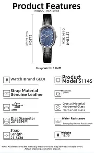 Detailed spec sheet showing oval mother-of-pearl watch with bamboo leather strap dimensions