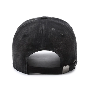 Adjustable charcoal washed denim baseball cap back view with metal buckle detail