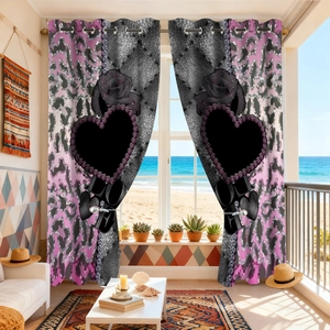 Pink leopard and black leather pattern blackout curtains with heart love design
