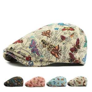 Vlinder Jacquard Platte Pet Retro Etnische Verstelbare Polyester Ademend Zonnescherm Baret Voor Dames