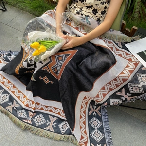 Bohemian geometric knit throw blanket with tassels for outdoor camping and home sofa decor