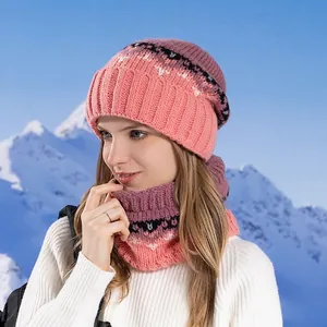 Winter knit beanie and neck warmer set in pink and purple gradient with jacquard patterns