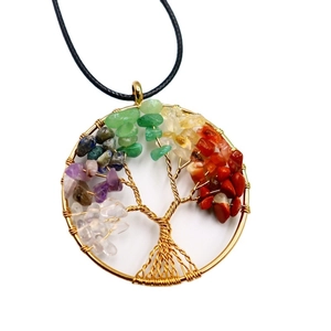 Handmade gold wire tree of life necklace with colorful natural chakra stone pendant