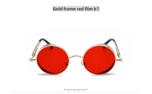 Detailed view of steampunk round sunglasses with gold metal frame and red lenses