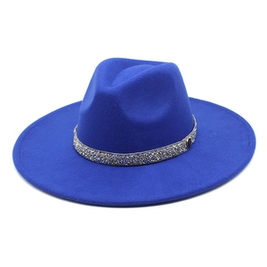 Royal blue wide brim wool felt fedora hat featuring a sparkling rhinestone band decoration