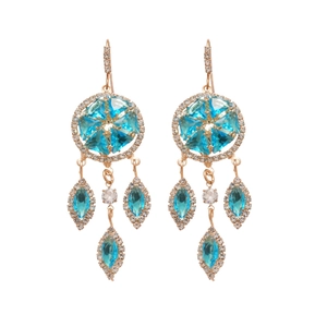 French palace style earrings with sky blue zircon and golden diamond tassel pendants