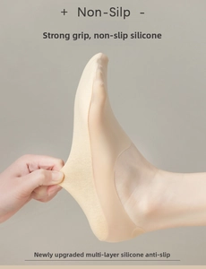 Detail of skin-toned no-show socks showing stretch elasticity and non-slip silicone heel
