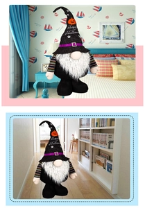 Detail of Halloween gnome plush with white beard and Happy Halloween wizard hat