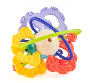 Detail view of colorful baby sensory ball with embossed numbers and tactile textures
