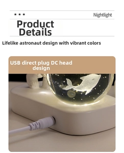 Dettaglio della luce notturna a sfera di cristallo con delfino e cavo USB-DC