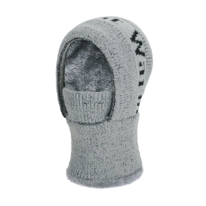 Light gray winter hooded knit mask with warm fleece lining and integrated neck warmer