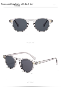 Vues de face et à 45 degrés de lunettes de soleil rondes gris transparent à rivets