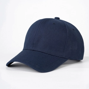 Detail of navy blue baseball cap showing six-panel structure and cotton twill texture