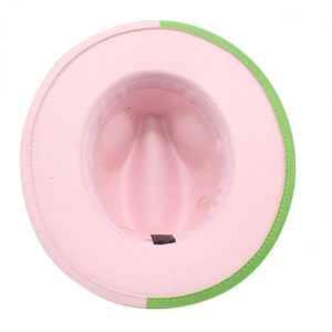 Detail view of pink and green patchwork wool fedora hat with interior sweatband