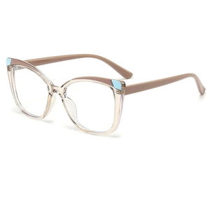 Chic cat-eye glasses frame with beige gradient and blue accents on white background