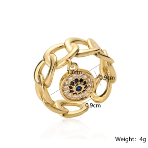 Detail shot of 18K gold chain ring with zircon evil eye charm showing product dimensions