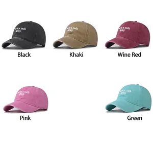 Retro washed cotton baseball caps with embroidered text in five assorted vintage colors