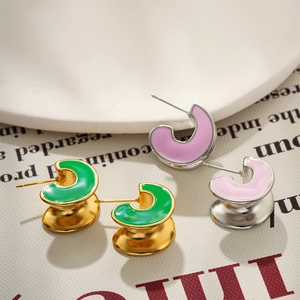 18K Gold Plated Stainless Steel Enamel C-Shaped Stud Earrings Fashion Pink Green Geometric Hoop Earrings For Women Jewelry