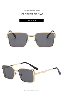 Detail view of square gold metal sunglasses with black lenses and retro frame design