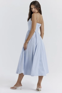 Detailed back view of a light blue backless A-line summer midi dress with elegant straps