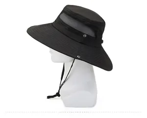 Close-up of black sun hat featuring breathable mesh panels and adjustable wind cord