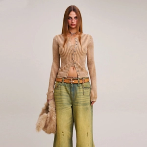 Retro slim rib knit cardigan and crop top set with vintage stone wash denim jeans